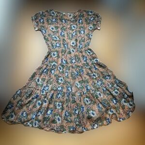 Vintage Gold & Blue Floral Pattern Sheer Short Sleeve Midi Tiered Dress Size M/L